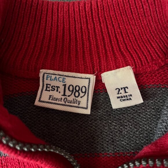 The Children's Place Quarter Zip Sweater 2T Red and Grey stripe, Toddler Boy - Picture 4 of 5